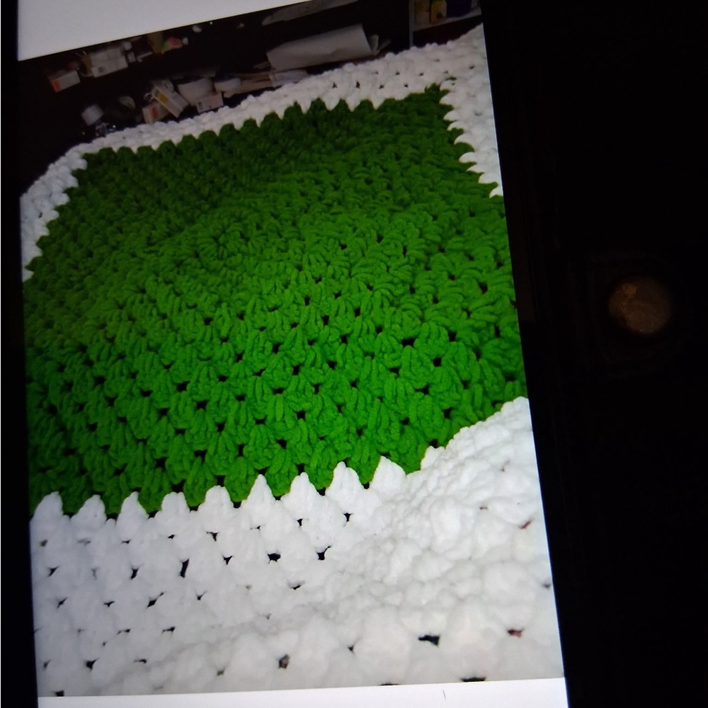 Green and White Crochet Blanket